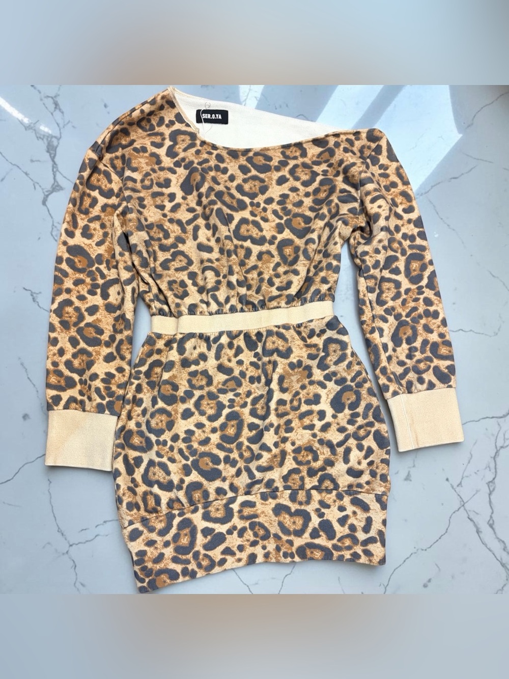 Seroya NWOT Leopard Cheetah Print Off The Shoulder Cinch Waist Sweater Dress S